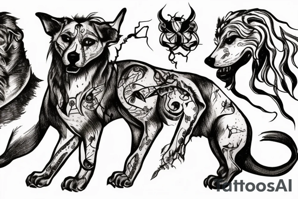 Depiction of Cerberus incorporating barbed wire tattoo idea