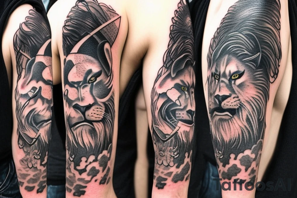 full body samurai with half face of a lion with scar on it's eye next to him, with mane look alike clouds around everything tattoo idea