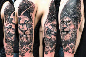 full body samurai with half face of a lion with scar on it's eye next to him, with mane look alike clouds around everything tattoo idea