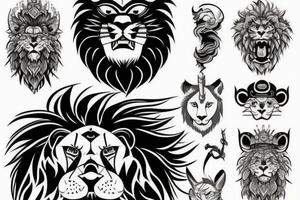 full body samurai with half face of a lion with scar on it's eye next to him, with mane look alike clouds around everything tattoo idea