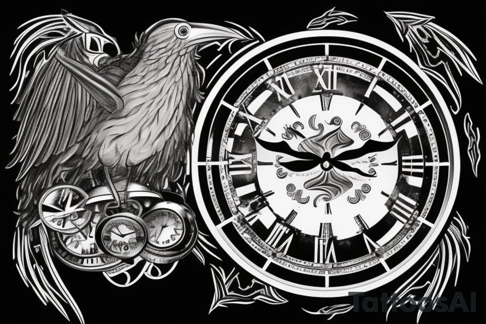 Big clock with smaller raven on the bottom, crossing the clock. Smoke effects. tattoo idea Big clock with smaller raven on the bottom, crossing the clock. Smoke effects. tattoo idea