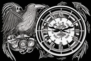 Big clock with smaller raven on the bottom, crossing the clock. Smoke effects. tattoo idea