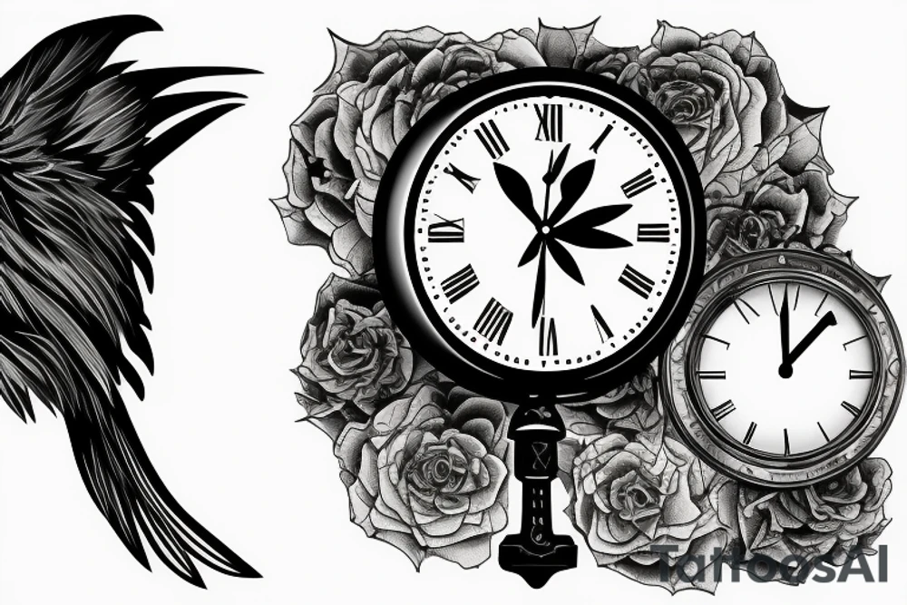 Big clock with smaller raven on the bottom, crossing the clock. Smoke effects. tattoo idea