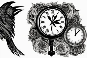 Big clock with smaller raven on the bottom, crossing the clock. Smoke effects. tattoo idea
