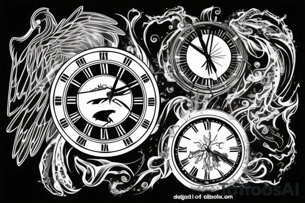 Big clock with smaller raven on the bottom, crossing the clock. Smoke effects. tattoo idea