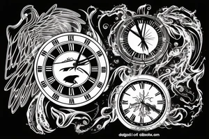 Big clock with smaller raven on the bottom, crossing the clock. Smoke effects. tattoo idea