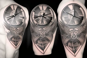 Big clock with smaller raven on the bottom, crossing the clock. Smoke effects. tattoo idea