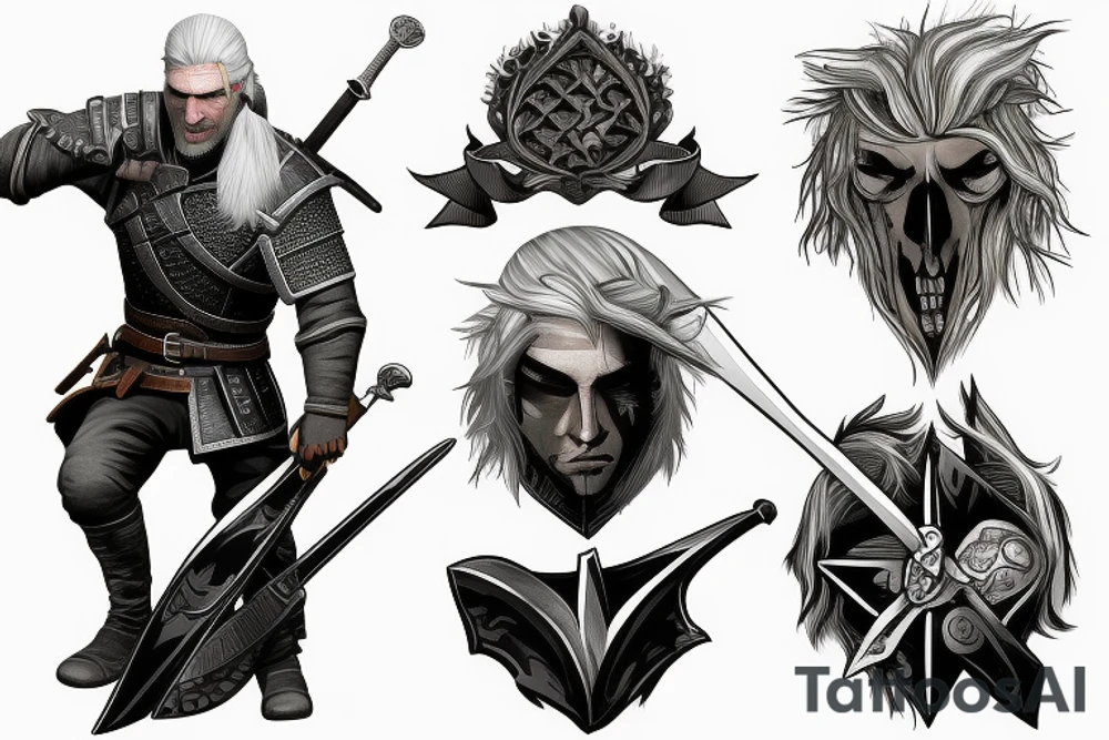 Geralt of rivia (games) with sword and witcher signs tattoo idea