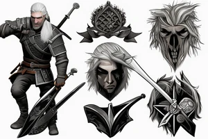 Geralt of rivia (games) with sword and witcher signs tattoo idea