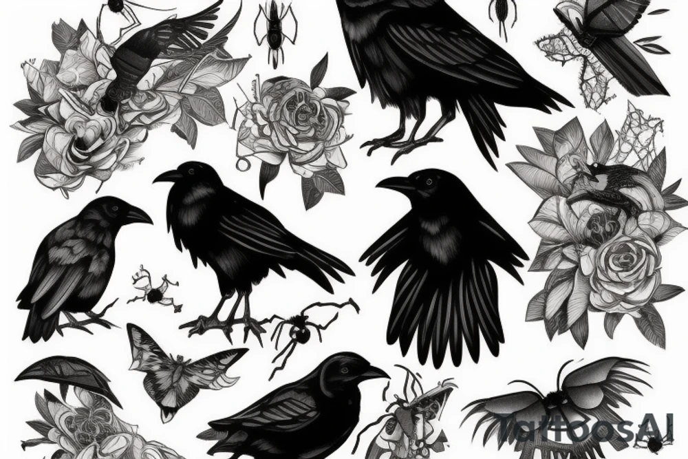 Raven with moth And spider tattoo idea