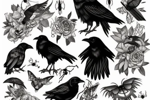 Raven with moth And spider tattoo idea