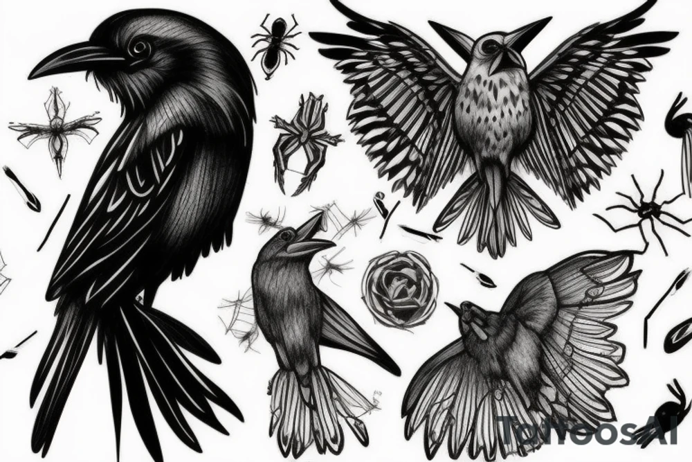 Raven with moth And spider tattoo idea