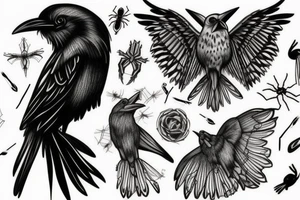 Raven with moth And spider tattoo idea