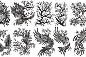 Detailed phoenix and knarly bark cherry blossom tree tattoo idea