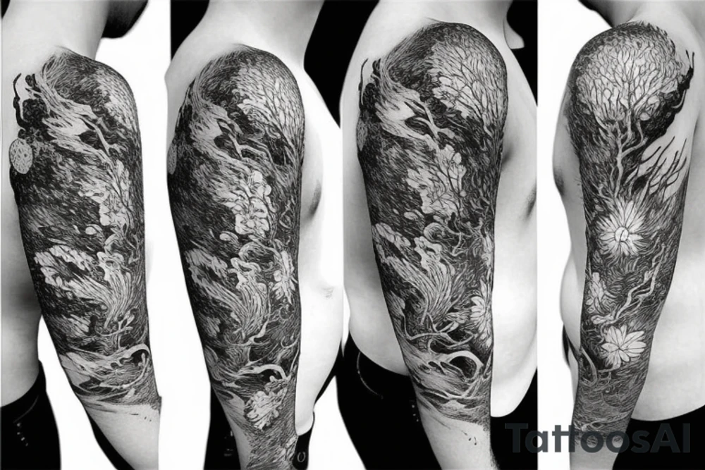 Detailed phoenix and knarly bark cherry blossom tree tattoo idea