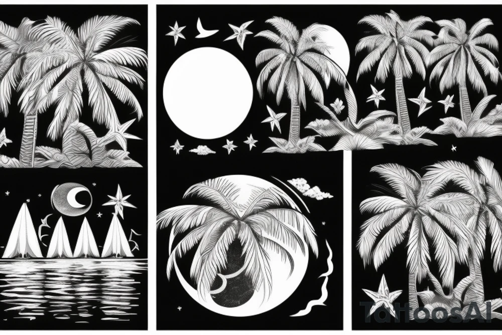 Palm trees with moon and water tattoo idea