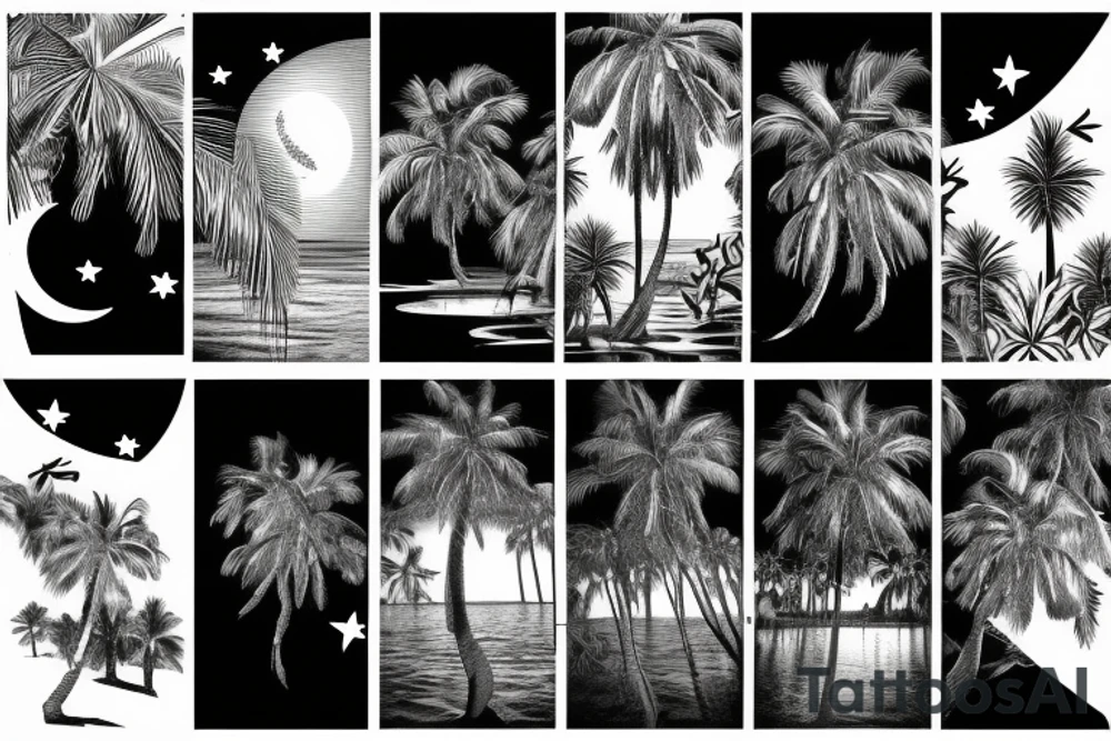 Palm trees with moon and water scene tattoo idea