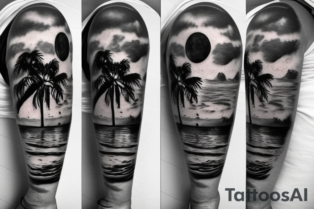 Palm trees with moon and water scene tattoo idea