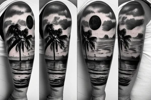 Palm trees with moon and water scene tattoo idea