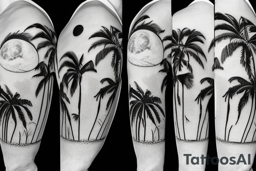 2 Palm trees with moon and water scene tattoo idea