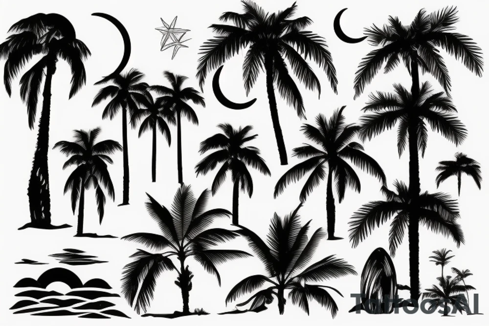 2 Palm trees with moon and water scene tattoo idea