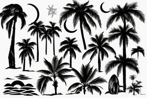 2 Palm trees with moon and water scene tattoo idea