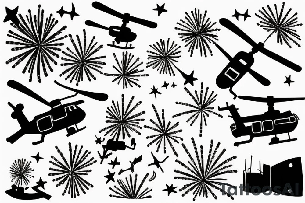 Fireworks above a helicopter flying simple sketch tattoo idea Fireworks above a helicopter flying simple sketch tattoo idea