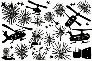Fireworks above a helicopter flying simple sketch tattoo idea