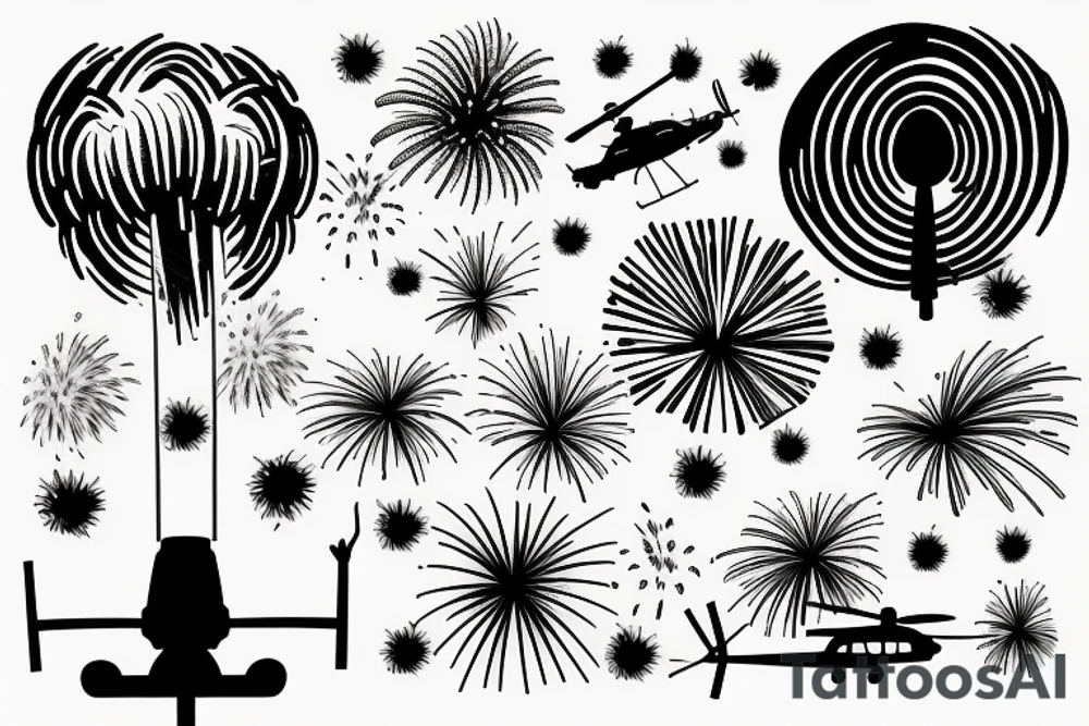 Fireworks above a helicopter flying simple sketch tattoo idea Fireworks above a helicopter flying simple sketch tattoo idea