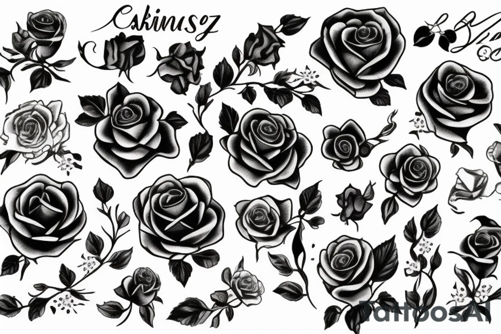 A cursive spelling of Sabina Soto Vasquez, with roses and lilys tattoo idea