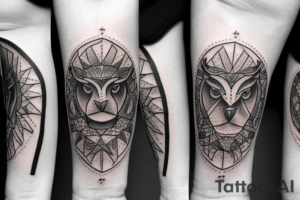 a black and white left forearm circular tattoo that has the 4 stoic symbols: a lion, an owl, a libra and a river tattoo idea