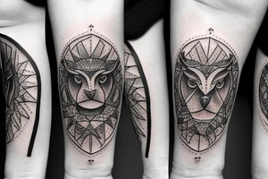 a black and white left forearm circular tattoo that has the 4 stoic symbols: a lion, an owl, a libra and a river tattoo idea