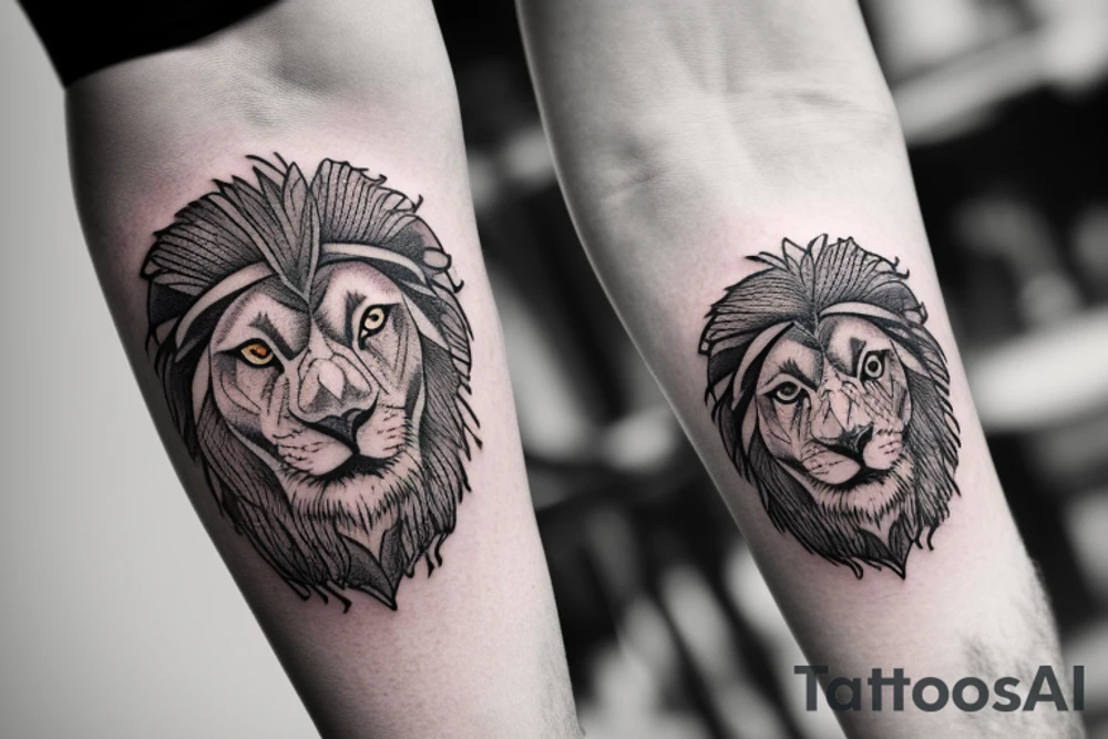 a black and white left forearm circular tattoo that has the 4 stoic symbols: a lion, an owl, a libra and a river tattoo idea