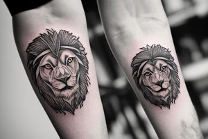a black and white left forearm circular tattoo that has the 4 stoic symbols: a lion, an owl, a libra and a river tattoo idea