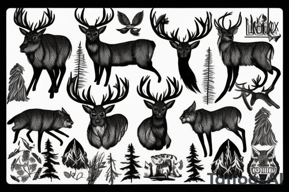 Hunting, forest, deer, wildlife, Lynx, oak, tattoo idea