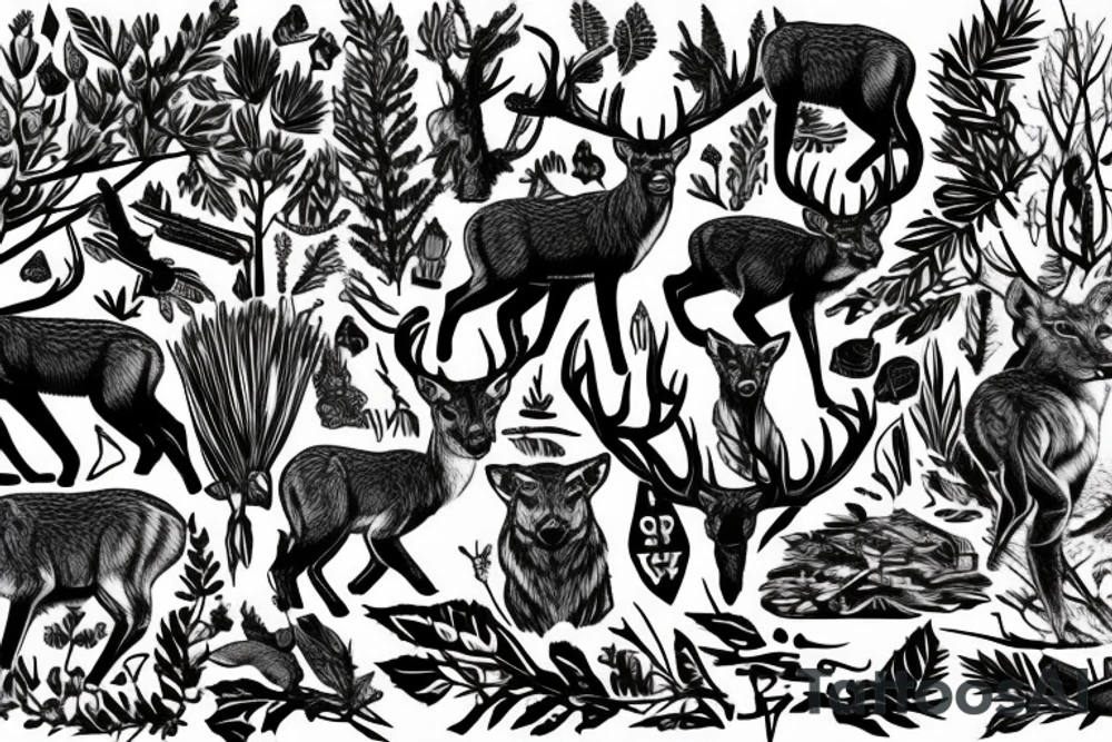 Hunting, forest, deer, wildlife, Lynx, oak, tattoo idea