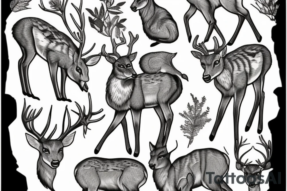 Deer, oak, wildlife, Lynx tattoo idea