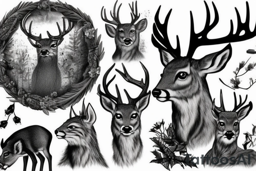 Deer, oak, wildlife, Lynx tattoo idea