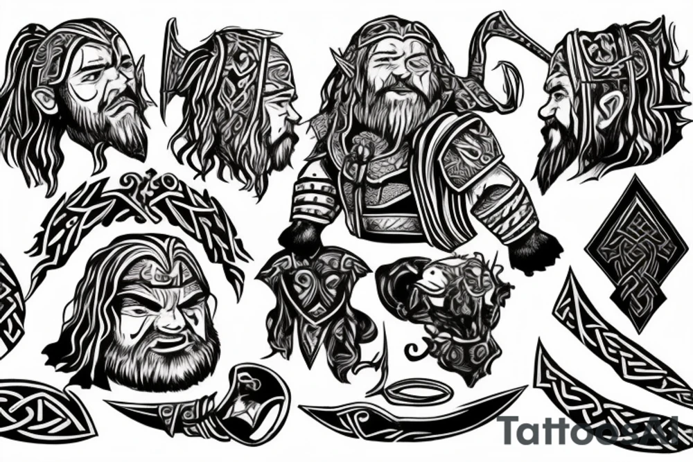 dwarf, lotr of the rings, vikings, warrior, shaman, alphabet, runs, back tattoo idea