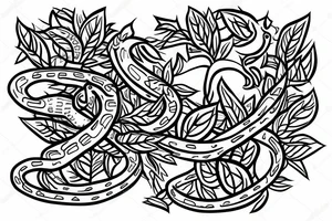 snake in leaves and flowers connected with triangle illuminai tattoo idea
