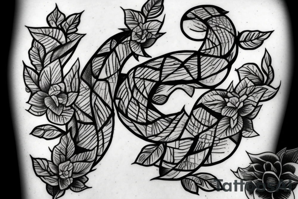 snake in leaves and flowers connected with triangle illuminai tattoo idea