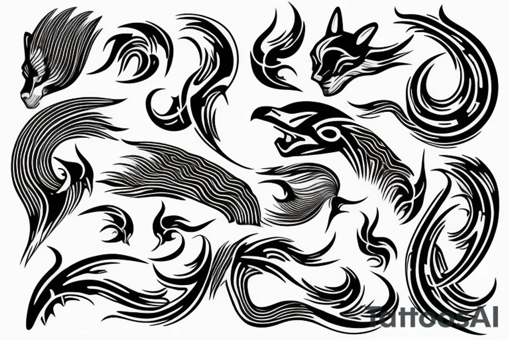 Forearm fire waves from wrist to elbow with wolf tribal design tattoo idea