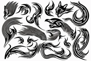 Forearm fire waves from wrist to elbow with wolf tribal design tattoo idea