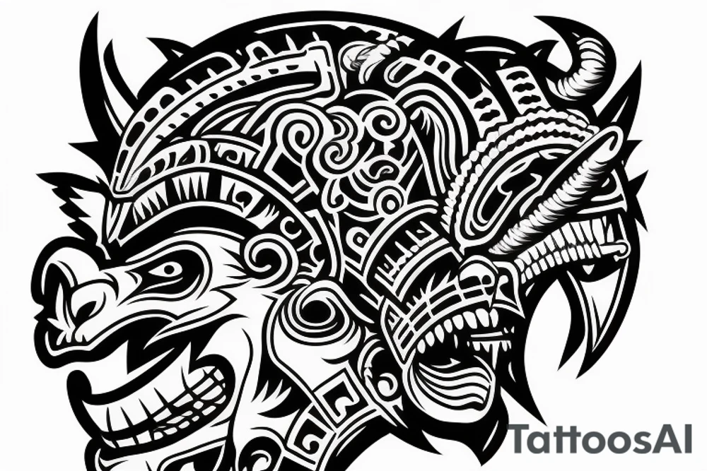 Samurai mask combined with Mayan jaguar warrior tattoo idea