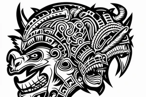 Samurai mask combined with Mayan jaguar warrior tattoo idea