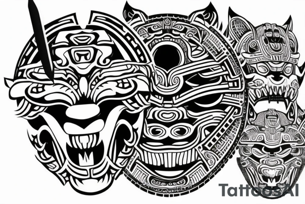 Samurai mask combined with Mayan jaguar warrior tattoo idea