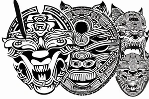 Samurai mask combined with Mayan jaguar warrior tattoo idea