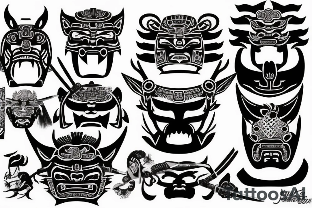 Samurai mask combined with Mayan jaguar warrior tattoo idea