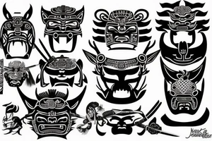 Samurai mask combined with Mayan jaguar warrior tattoo idea