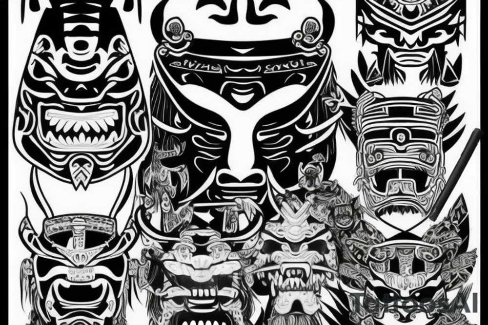 Samurai mask combined with Mayan jaguar warrior tattoo idea